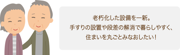 老朽化した設備を一新。手すりの設置や段差の解消で暮らしやすく、住まいを丸ごとみなおしたい!
