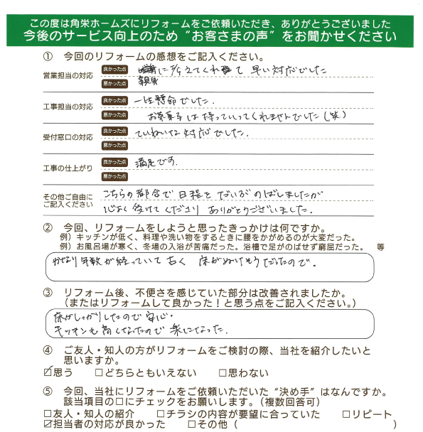 千葉県千葉市（キッチンリフォーム）のお客さまの声